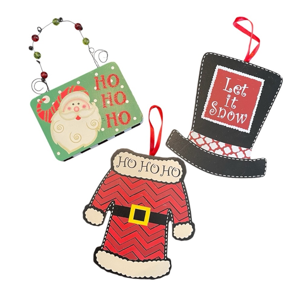 Holiday Sign Set of 3 Santa Ho Ho Ho Snowman Hat Christmas Clearance Holiday